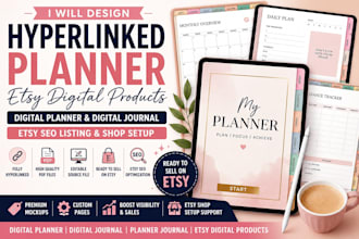 design etsy digital planner, hyperlinked planner,