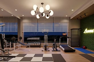 deliver HQ rendering boutique fitness, luxury industrial chic,3d yoga, home gym
