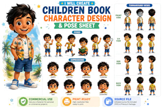 create kids children book character design and pose sheet storybook