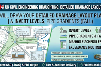 draw a detailed drainage layout plan with invert levels and pipe gradients