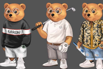 create teddy bear mascot cartoon character polo logo t shirt design
