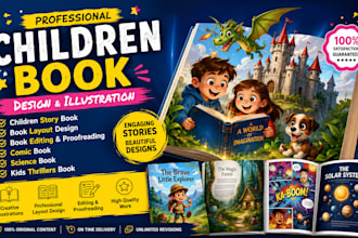 design a childrens book with illustrations, layout, book editing and comic book