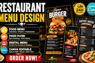 design restaurant menu, food menu, food flyer,  canva editable menu board