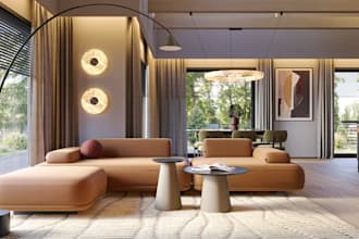 create 3d private  house interior, commercial, kitchen, modern living room,