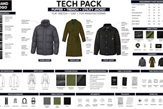 create puffer trench utility jacket tech pack clo3d flat sketch for manufacturin