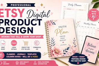 design etsy digital products, planners, journals and canva templates