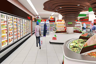 design beautiful 3d supermarket, retail store interior, shopping mall rendering