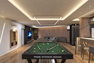 design 3d basement interior, entertainment room, game room, home theater render