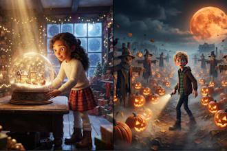 do festive watercolor halloween and christmas children story book illustrations