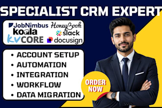 set up jobnimbus crm kvcore honeybook slack docusign bookingkaola crm automation