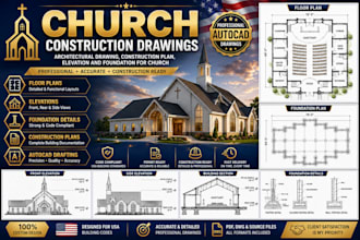 do architectural drawing, construction plan, elevation and foundation for church