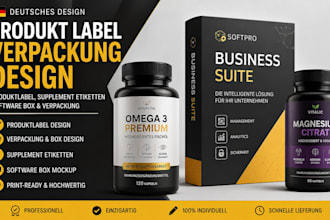 do german product label packaging, software box mockup, supplement label design