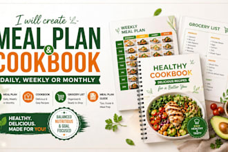 create healthy meal plan cookbook, weekly menu, grocery list, cookbook journal