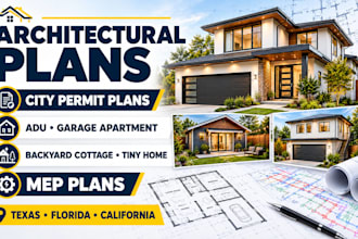 design architectural city permit plan, backyard cottage mep plan for tx fl ca