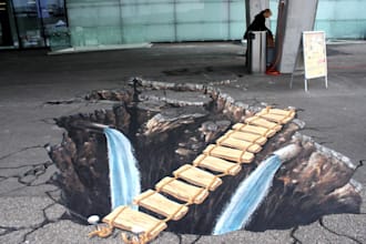 design stunning 3d floor illusion, anamorphic pavement art, wall and carpet