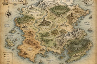 hand draw fantasy map for games, open world, storytelling