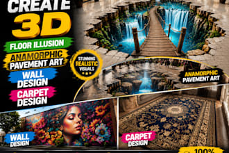 create 3d floor illusion, anamorphic pavement art, wall and carpet design