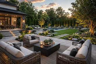 design backyard, patio and garden landscape with 3d rendering
