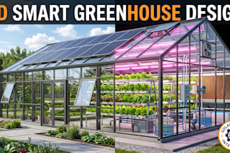 create 3d prefab greenhouse design solar panel, lightning and irrigation system