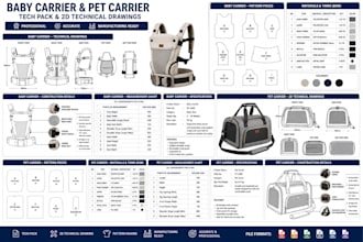 create baby carrier and pet carrier tech pack with detailed 2d technical draw