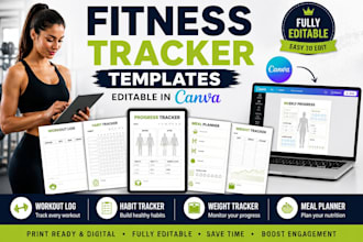create fitness tracker templates, canva design, journal, editable, planner