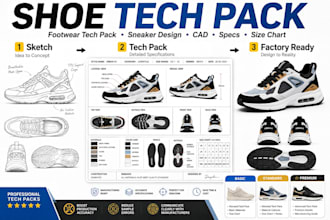 do a shoe tech pack, footwear tech pack, sneaker design, cad, specs, size chart
