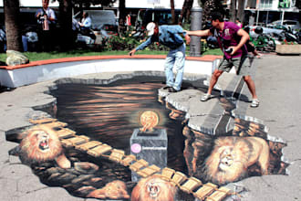 design stunning 3d floor illusion, anamorphic pavement art, wall and carpet