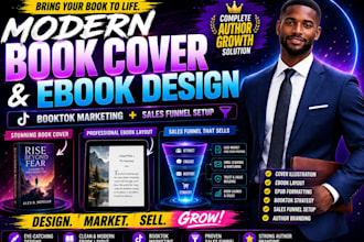 illustrate modern book cover, ebook layout, booktok marketing, book sales funnel