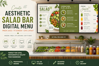 create aesthetic salad bar digital menu fresh juice tv screen cafe layout