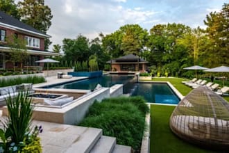design luxury resort style backyard, pool, landscape, patio and outdoor living