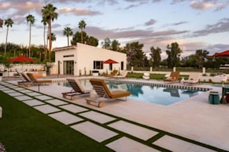 design a luxury resort style backyard, pool, landscape, patio and outdoor living