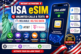 activate usa esim with unlimited calls, texts, and reliable att tmobile 4g 5g