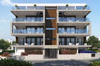 clean geometry residential building,interior open living,apartment facade design