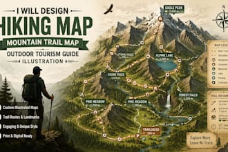 design hiking map, mountain trail map, outdoor tourism guide illustration