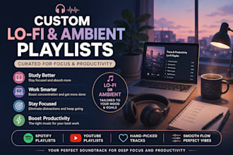 curate a custom lo fi or ambient playlist for focus and productivity