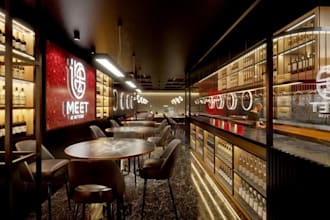 highend contemporary restaurant,bar lounge interior,furniture layout,cafe render
