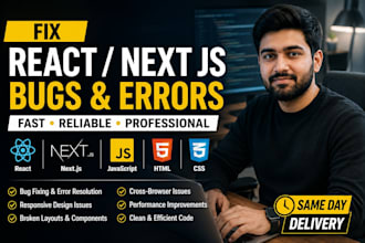 fix react, next js, javascript frontend bugs and responsive issues