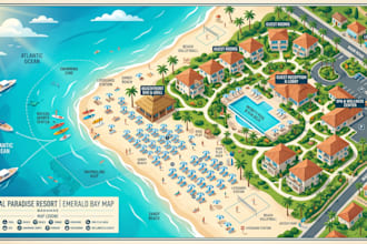 design resort map, island map, illustrated map, beach map and travel map