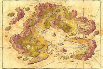 draw a fantasy dnd rpg battle map and vintage medieval world map