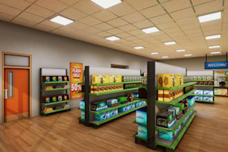 convert 2d to 3d grocery store interior,supermarket layout,convenience shop plan