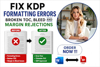 fix KDP formatting errors, broken toc, bleed and margin rejections