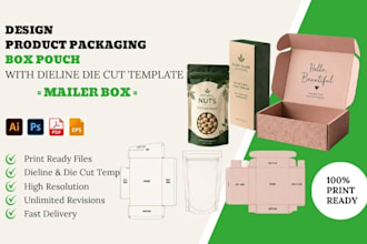 design product packaging, box pouch with dieline die cut template, mailer box