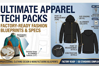 create factory ready fashion tech pack with technical flat sketch for production