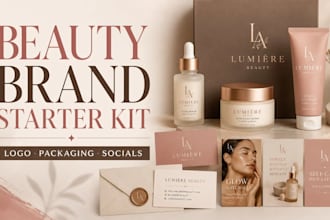 create a beauty brand starter kit with logo packaging and social assets
