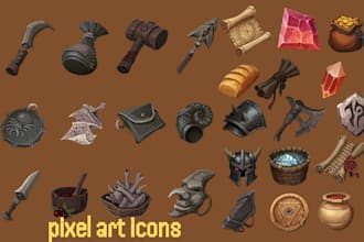 create pixel art game icons, ui, hud elements and button