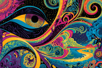 draw a unique psychedelic vintage retro logo art
