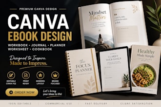 canva ebook design, canva workbook, worksheet, planner, journal, canva cookbook