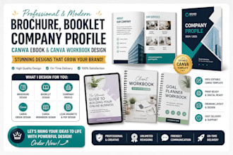 design brochure, booklet, company profile, canva ebook and canva workbook design