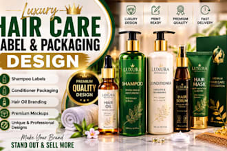 design luxury shampoo, conditioner, hair oil label and packaging design