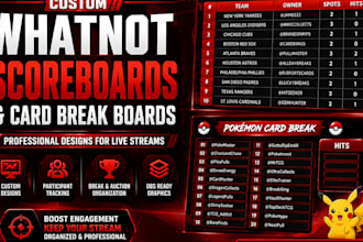 design custom whatnot scoreboards, card break boards, and stream graphics
